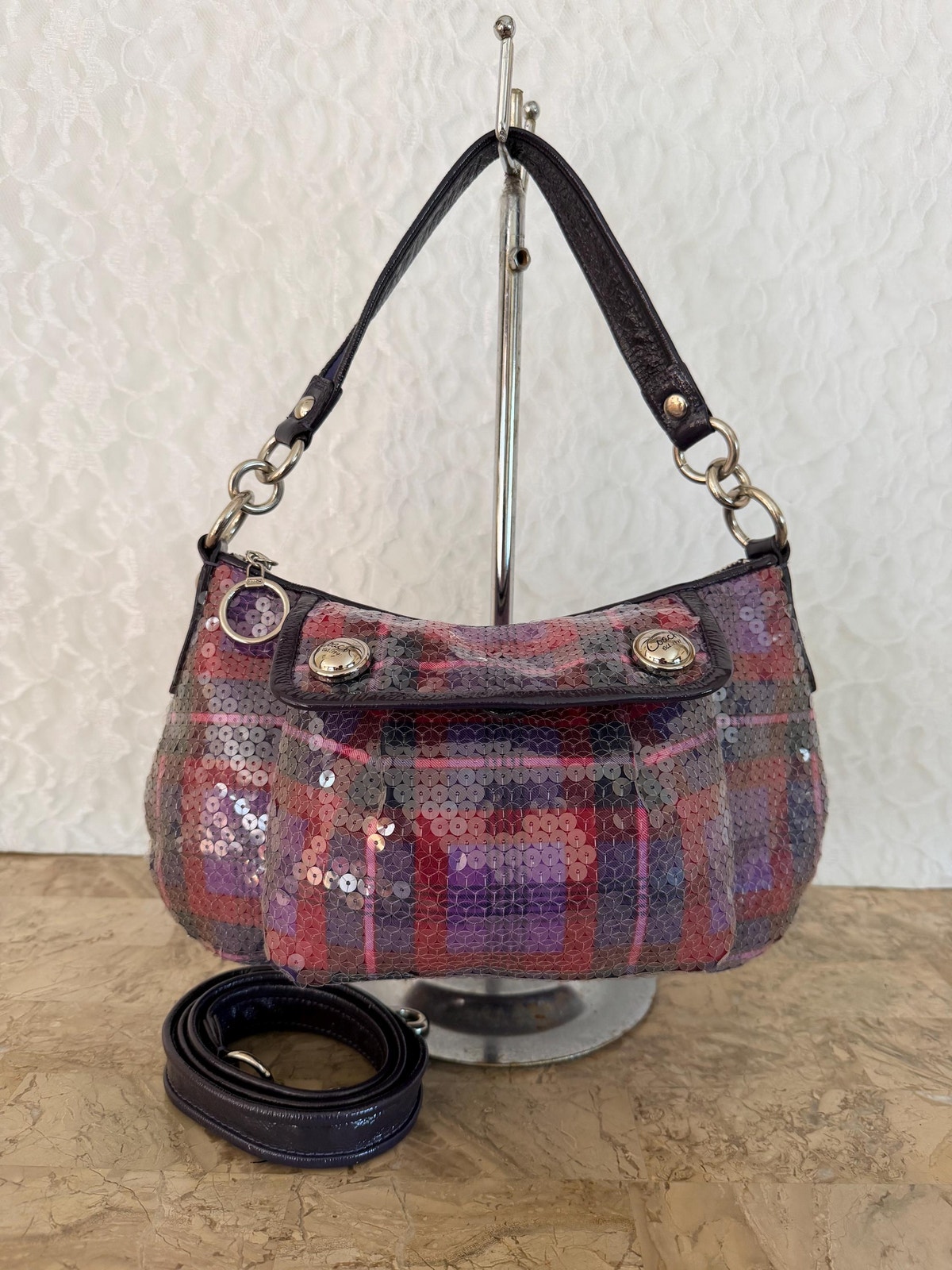 Coach Poppy Tartan Plaid Glamour Sequined Crossbody Small Baguette Bag 16048